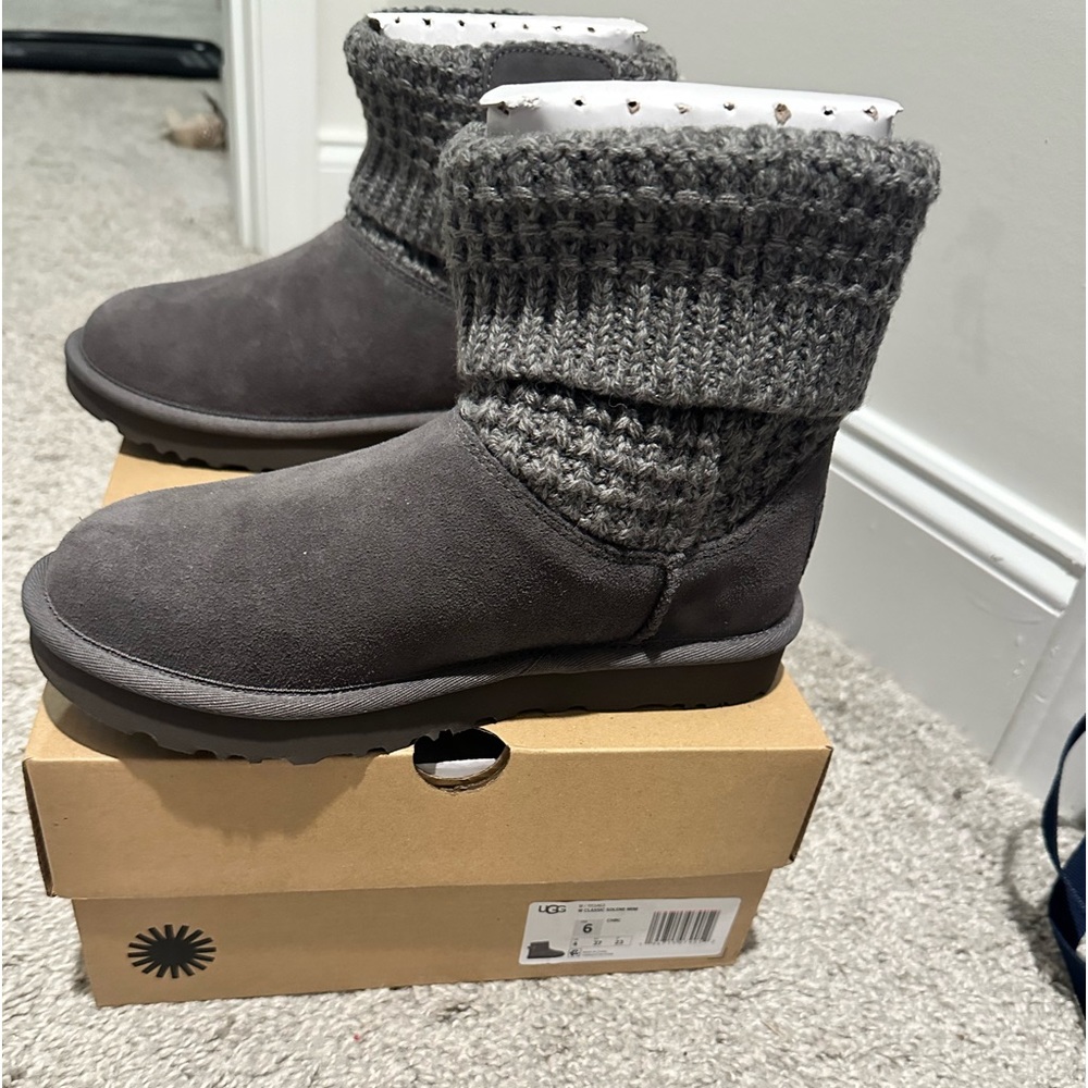 NIB UGG SOLENE CLASSIC MINI SUEDE SWEATER SHEARLING BOOTS GRAY